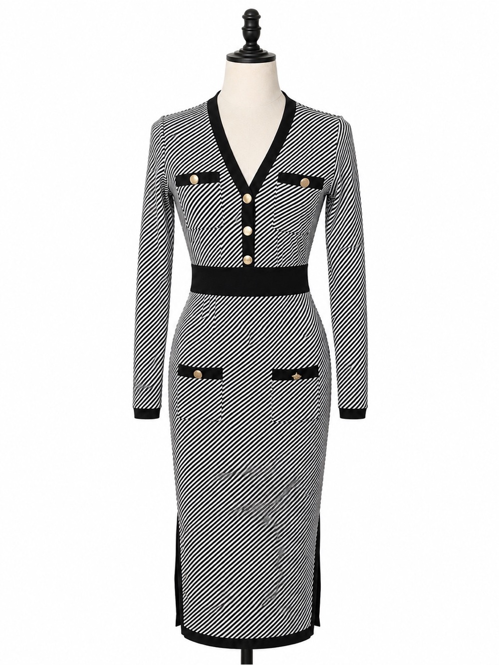 SHEIN Black and White Striped V-Neck Long Sleeve Knit Dress